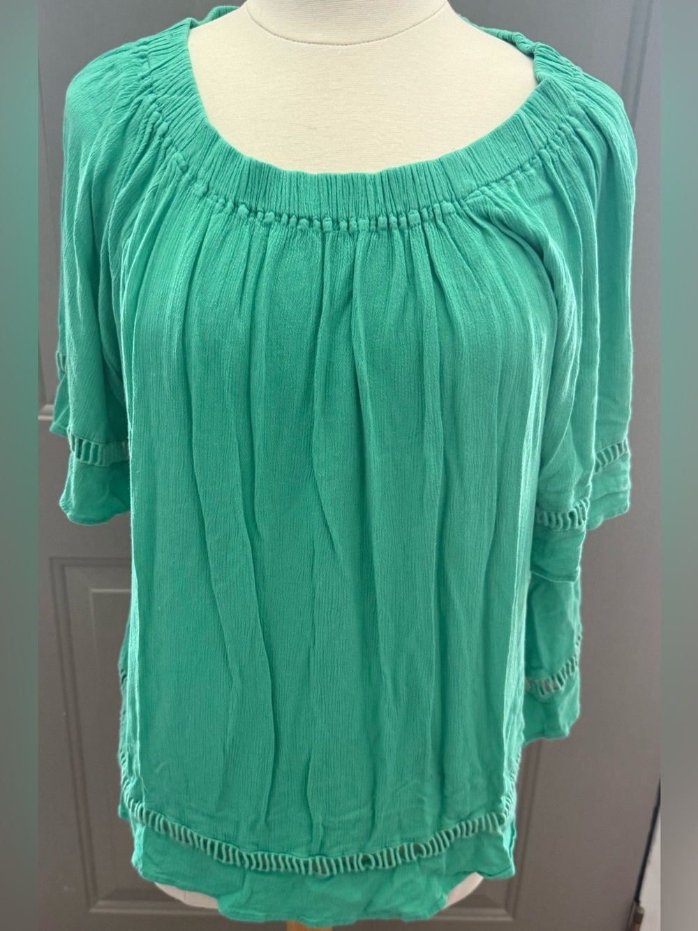 Women's Green Peasant Blouse - Relaxed Short Sleeve Top by Westbound